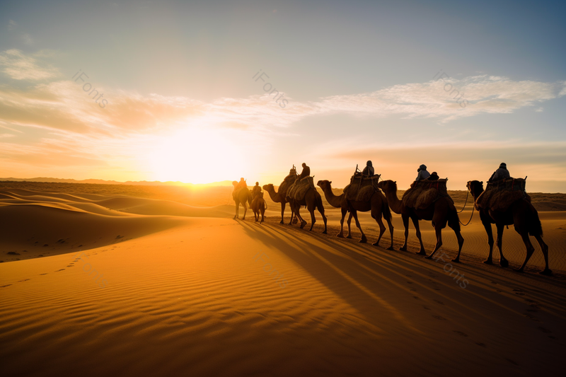 夕阳下的沙地上有骆驼缓慢行驶背景图,高清,摄影图,摄影图片,图片大全,摄影图免费下载